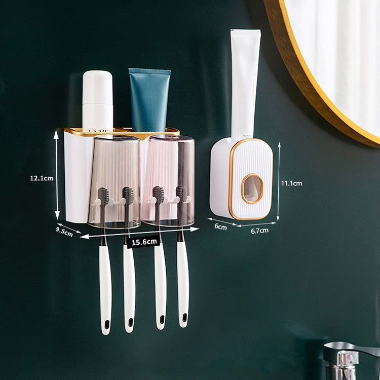 Bathroom Wall-mounted Punch-free Wash Cup Toothbrush Rack Squeeze Toothpaste Set Two Golden(No Squeezer)
