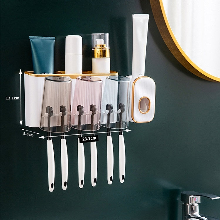 Bathroom Wall-mounted Punch-free Wash Cup Toothbrush Rack Squeeze Toothpaste Set Three Golden(No Squeezer)