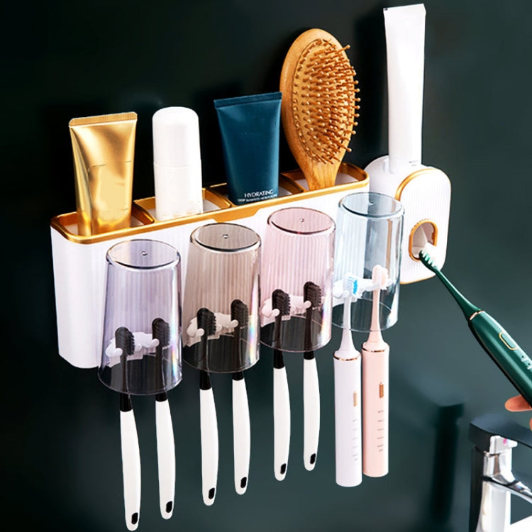 Bathroom Wall-mounted Punch-free Wash Cup Toothbrush Rack Squeeze Toothpaste Set Three Golden(No Squeezer)