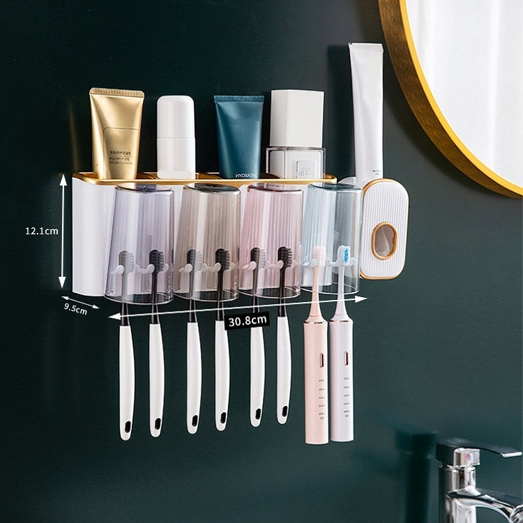 Bathroom Wall-mounted Punch-free Wash Cup Toothbrush Rack Squeeze Toothpaste Set Four Black(No Squeezer)