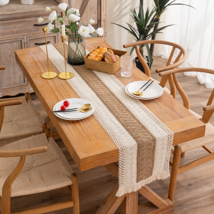 2 PCS Cotton and Linen Woven Colorblock Tassel Striped Rhombus Table Runner, Size: 30x180cm