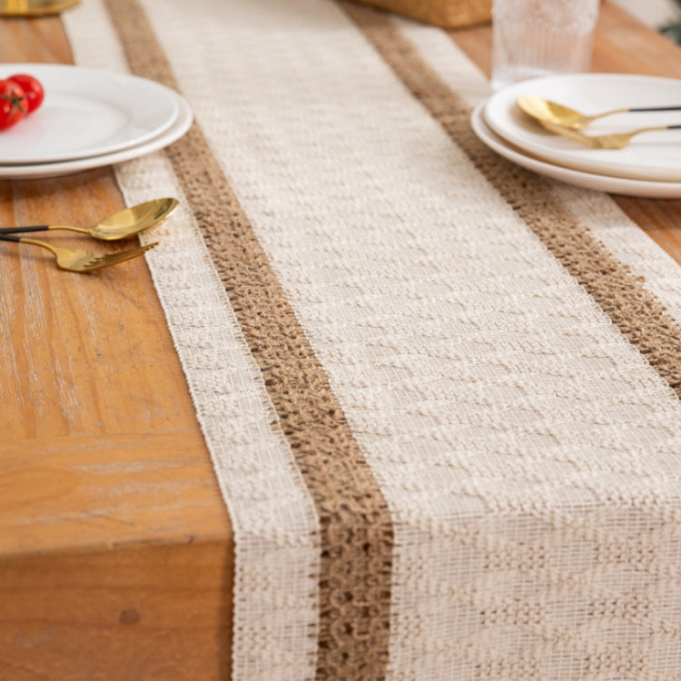 2 PCS Cotton and Linen Woven Colorblock Tassel Striped Rhombus Table Runner, Size: 30x180cm