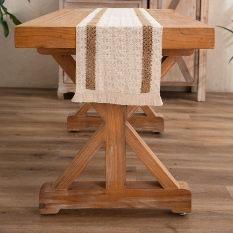 2 PCS Cotton and Linen Woven Colorblock Tassel Striped Rhombus Table Runner, Size: 30x180cm