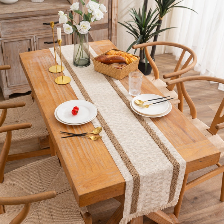 2 PCS Cotton and Linen Woven Colorblock Tassel Striped Rhombus Table Runner, Size: 30x200cm