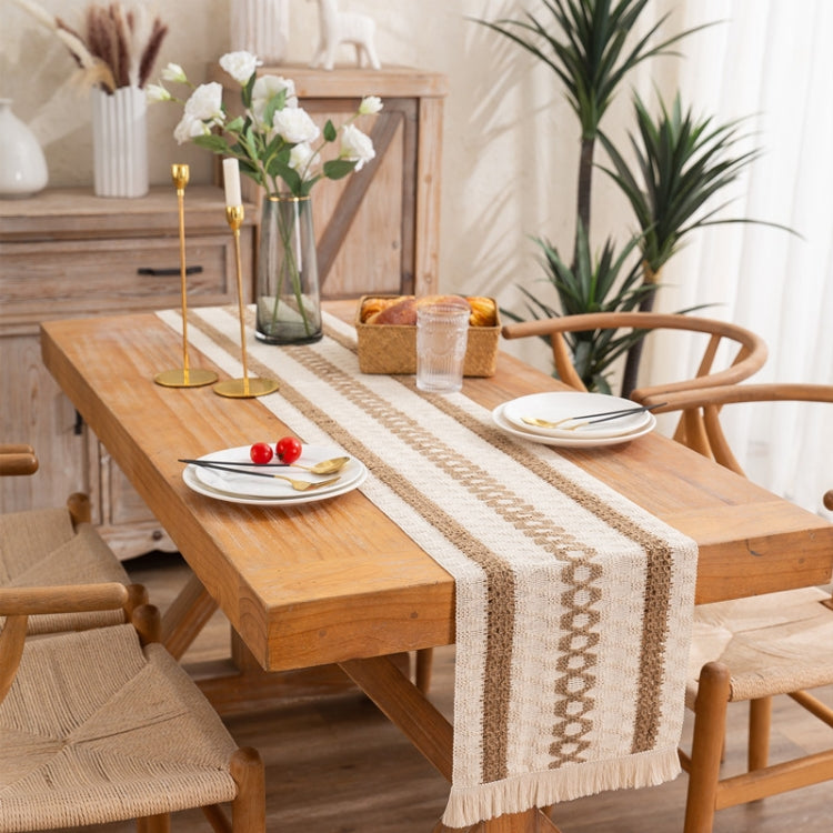 2 PCS Cotton and Linen Woven Colorblock Tassel Striped Rhombus Table Runner, Size: 30x200cm
