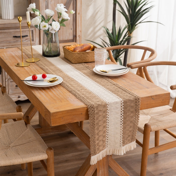 2 PCS Cotton and Linen Woven Colorblock Tassel Striped Rhombus Table Runner, Size: 30x200cm
