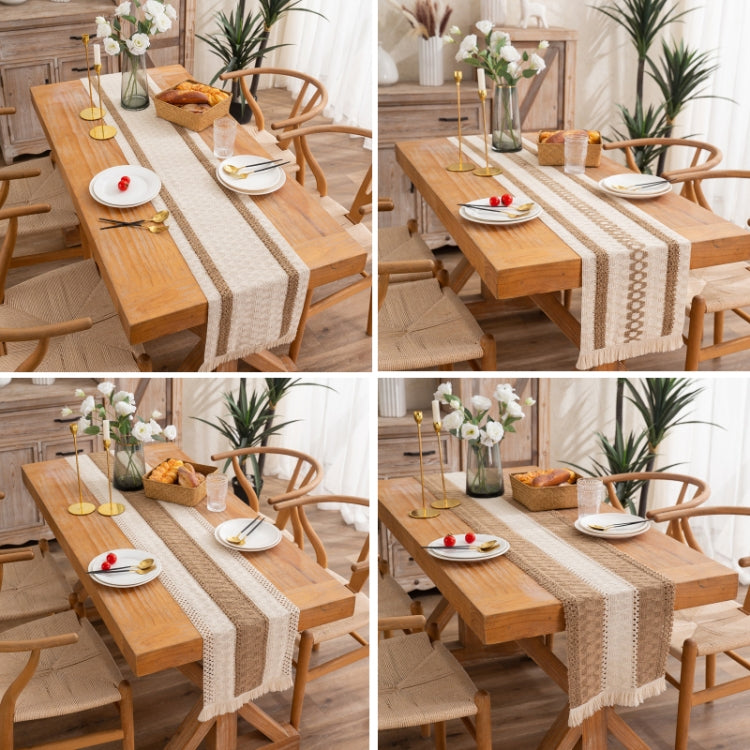 2 PCS Cotton and Linen Woven Colorblock Tassel Striped Rhombus Table Runner, Size: 30x200cm