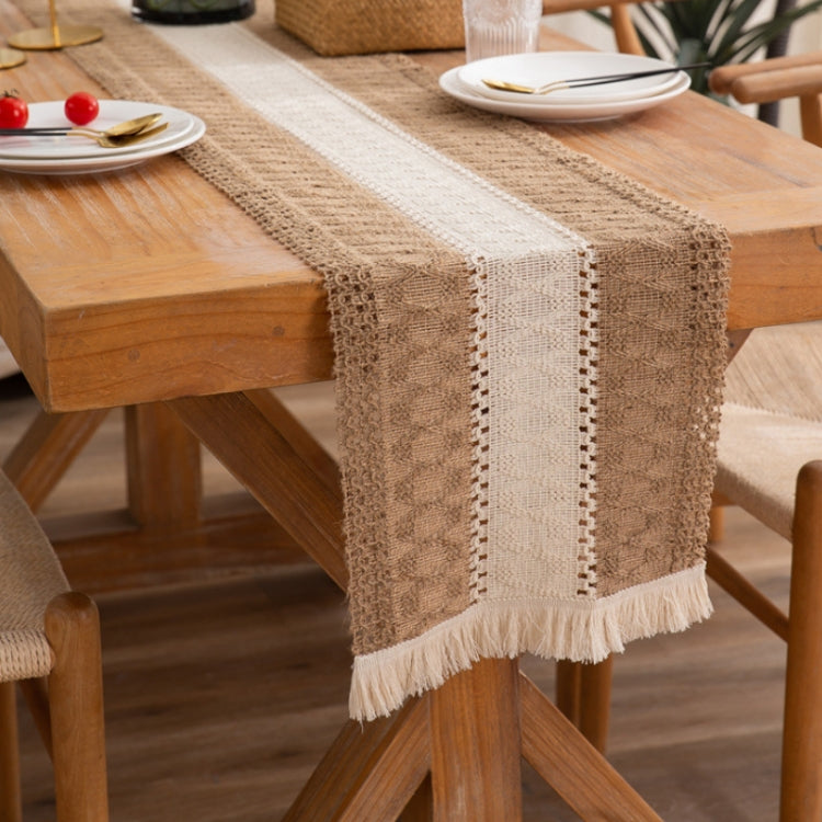 2 PCS Cotton and Linen Woven Colorblock Tassel Striped Rhombus Table Runner, Size: 30x200cm