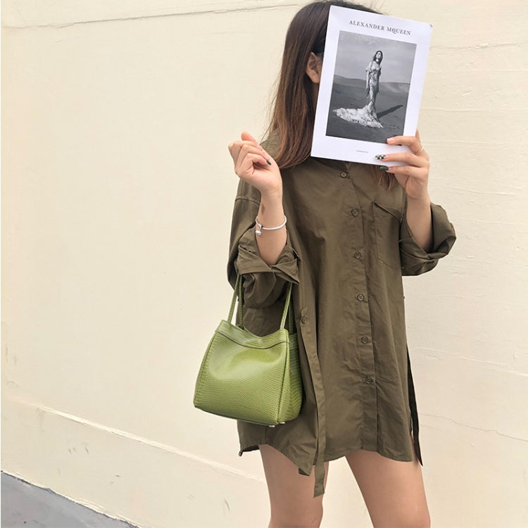 Vintage Small Square Bag Leather Simple Bucket Bag Fashion Lizard Tanker Shoulder Bag
