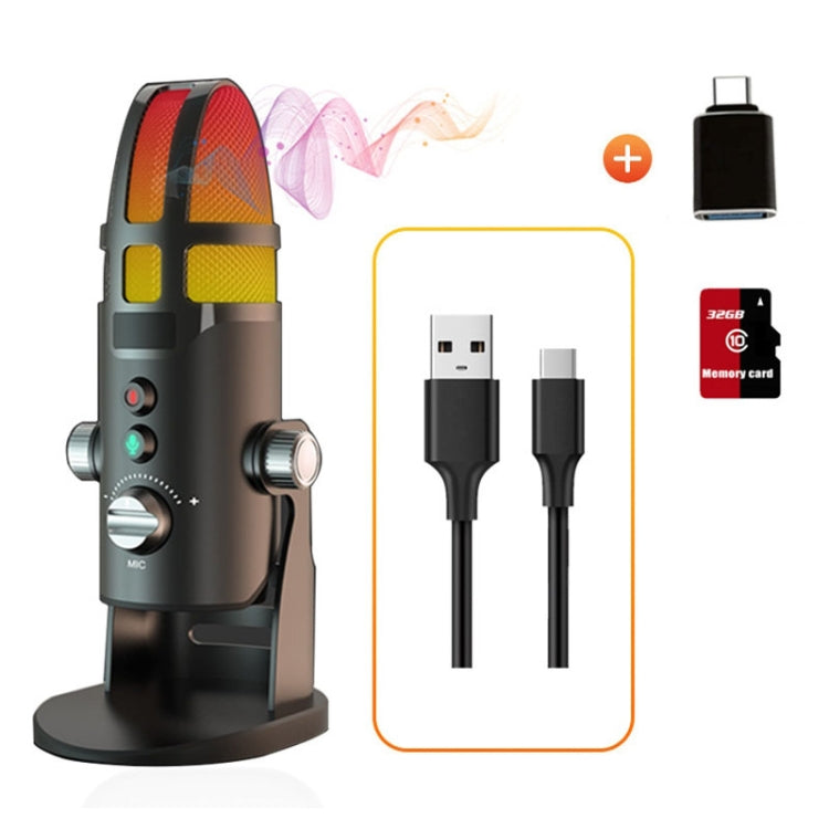 M9 RGB Condenser Microphone Built-in Sound Card,Style: Computer+Type-C+32G