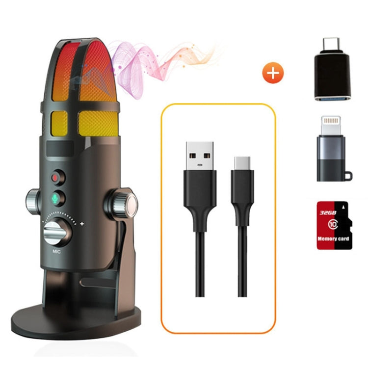 M9 RGB Condenser Microphone Built-in Sound Card,Style: Computer+Type-C+8pin+ 32G