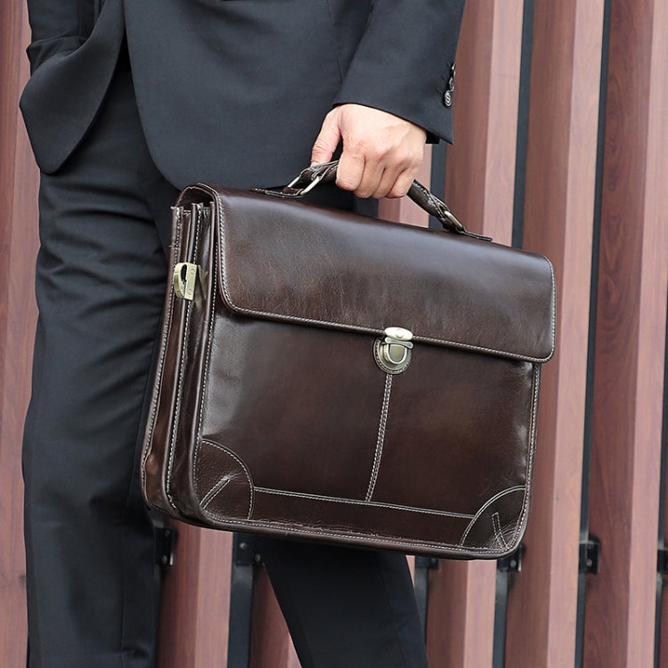 Men Retro Cowhide Leather Briefcase Multifunctional Laptop Bag for 15.6 Inch Computer(Coffee)