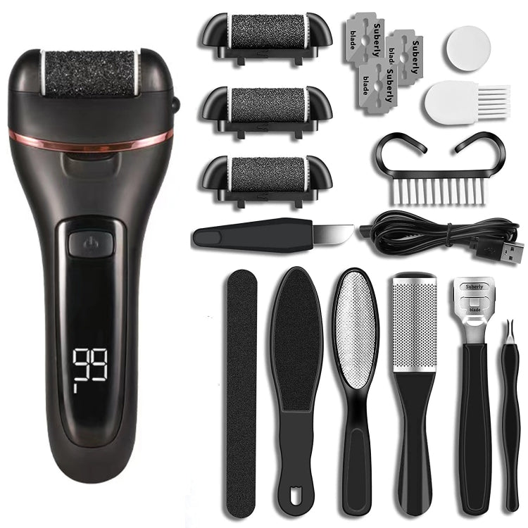 Electric Foot Grinder Digital Display Rechargeable Pedicure Peeling, Color: 10-piece Set Black