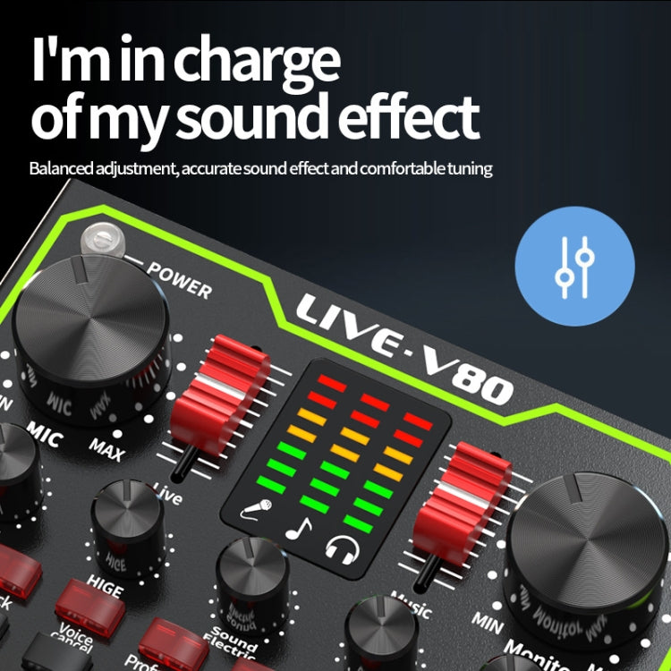 V80 Live Sound Card Set Mixing Console,Style: With E300 Microphone+Cantilever Bracket