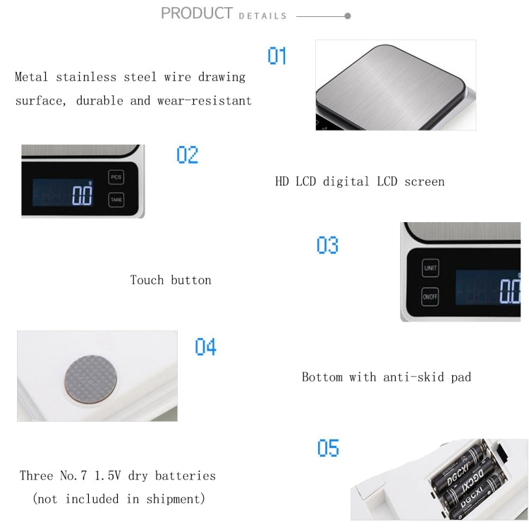 Stainless Steel Food Baking Scale Small Bench Scale Kitchen Electronic Scale English 3kg/0.1g