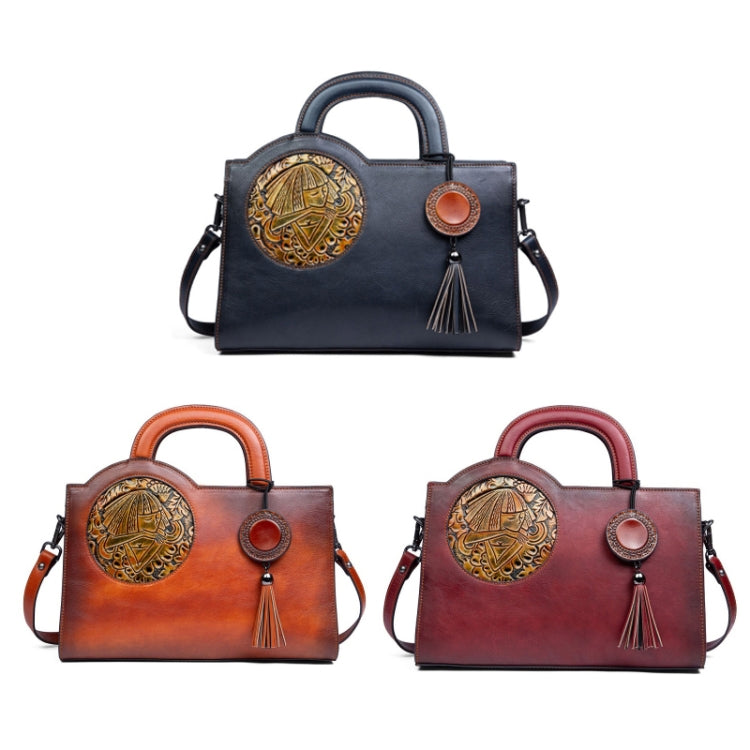 Top Layer Cowhide Vegetable Tanned Embossed Vintage Handbag(Retro Gray)