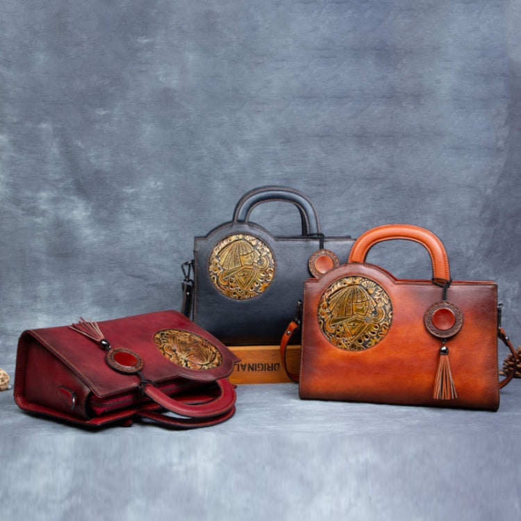 Top Layer Cowhide Vegetable Tanned Embossed Vintage Handbag(Retro Gray)