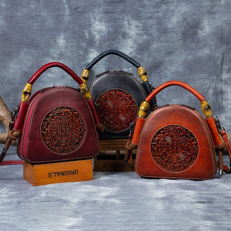 Top Layer Leather Vegetable Tanned Women Embossed Totem Vintage Handag