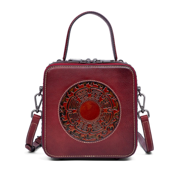 Top Layer Cowhide And Vegetable Tanned Embossed Vintage Handbag(Retro Red)