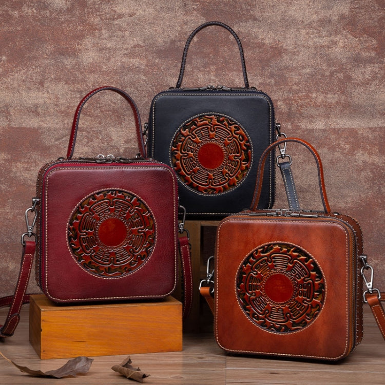 Top Layer Cowhide And Vegetable Tanned Embossed Vintage Handbag(Retro Red)
