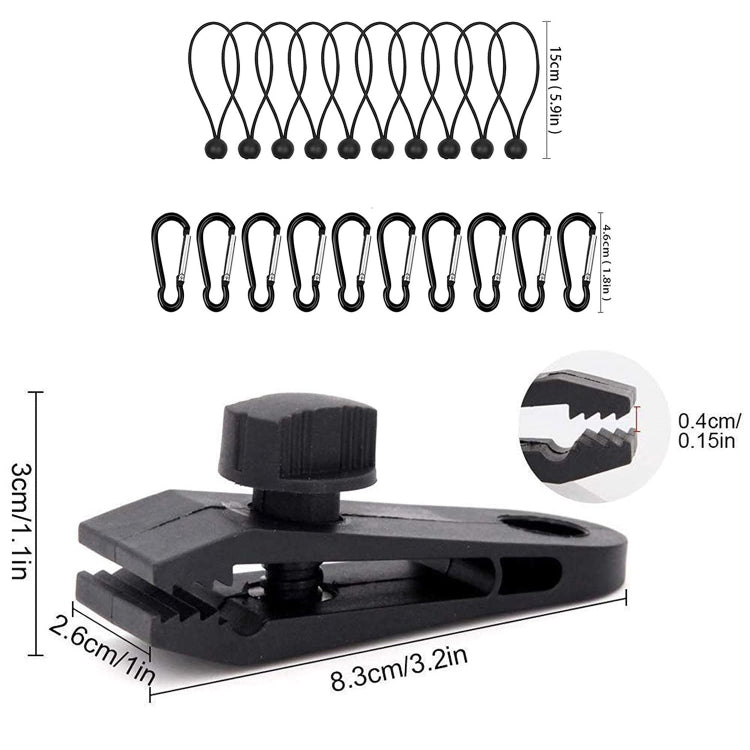 Windproof Canopy Fixed Tent Clip Rope Buckle Set 10 Clips+10 White Ropes+10 Black Buckles