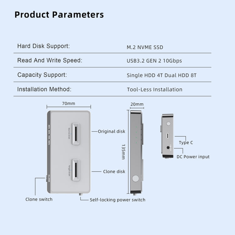 Usb 3.2 Gen2 Dual M.2 Solid State Drive Box Nvme Docking Station , EU Plug