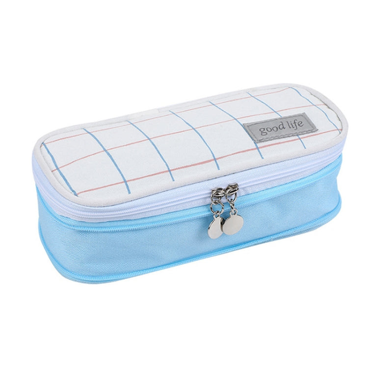 Color-blocked Plaid Retractable Double-layer Canvas Pencil Case(Blue)