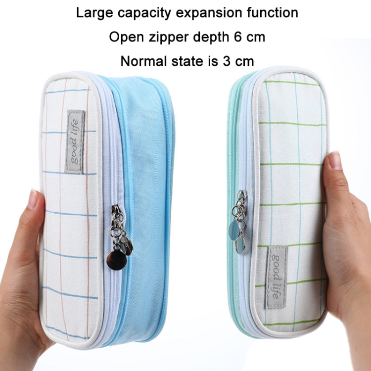 Color-blocked Plaid Retractable Double-layer Canvas Pencil Case(Blue)