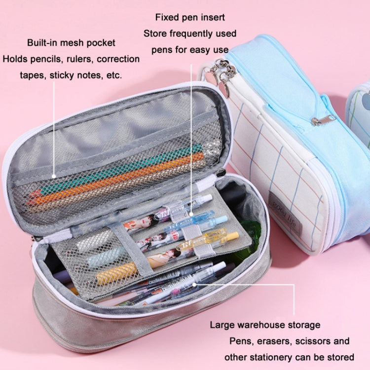 Color-blocked Plaid Retractable Double-layer Canvas Pencil Case(Blue)