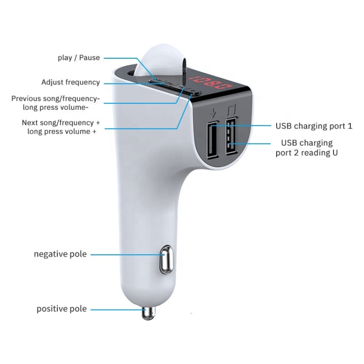 V14 Car Bluetooth Headset FM FD Wireless Launchers Dual USB Car Charging(White)