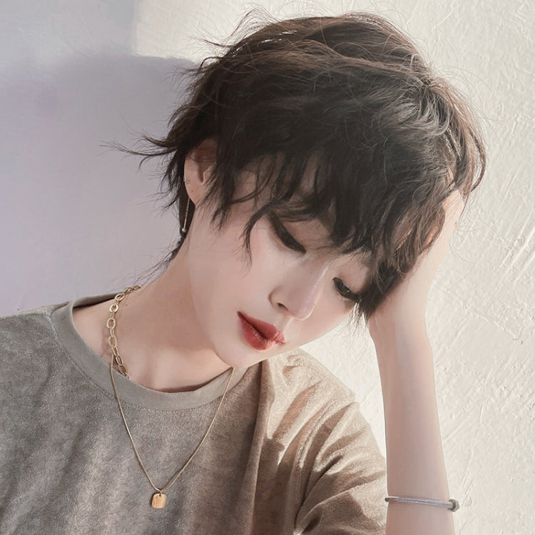 Women Tinfoil Permed Natural Fluffy Full Head Cover Wig(Black Tea)