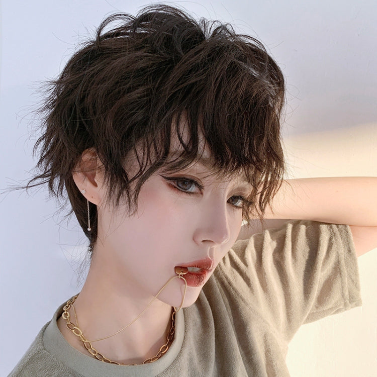 Women Tinfoil Permed Natural Fluffy Full Head Cover Wig(Black Tea)