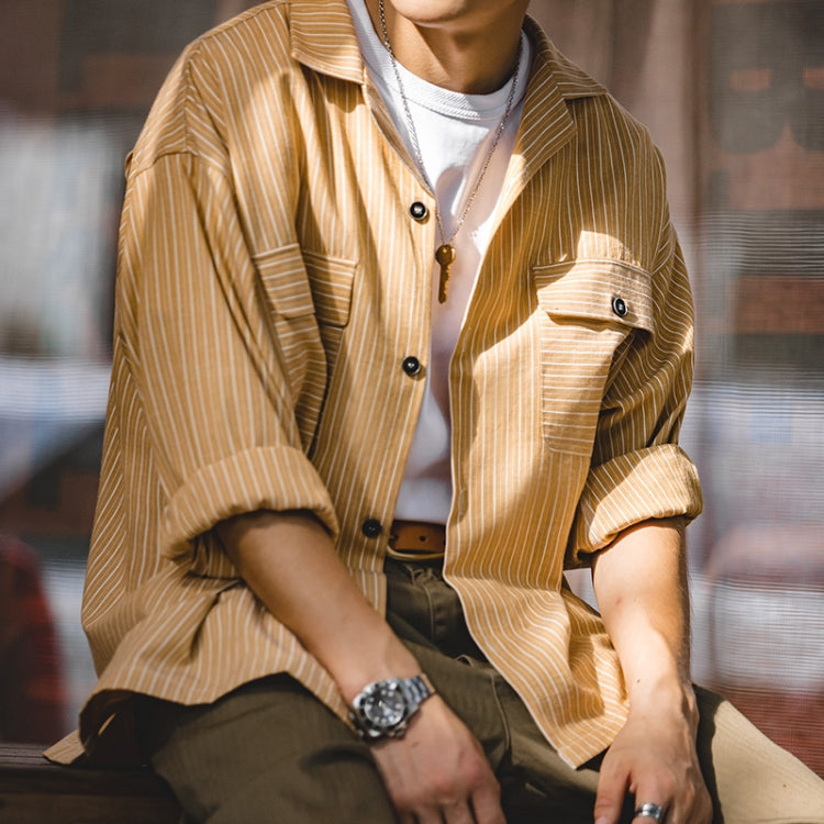 TW2007207 Men Vintage Striped Cuban Collar Shirt Long Sleeve Top, Size: