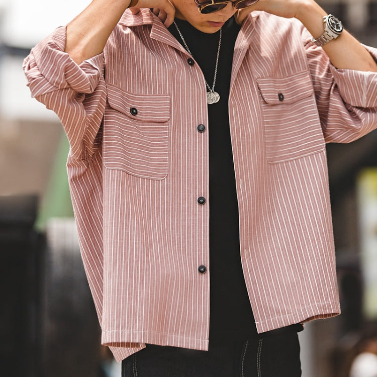 TW2007207 Men Vintage Striped Cuban Collar Shirt Long Sleeve Top, Size: