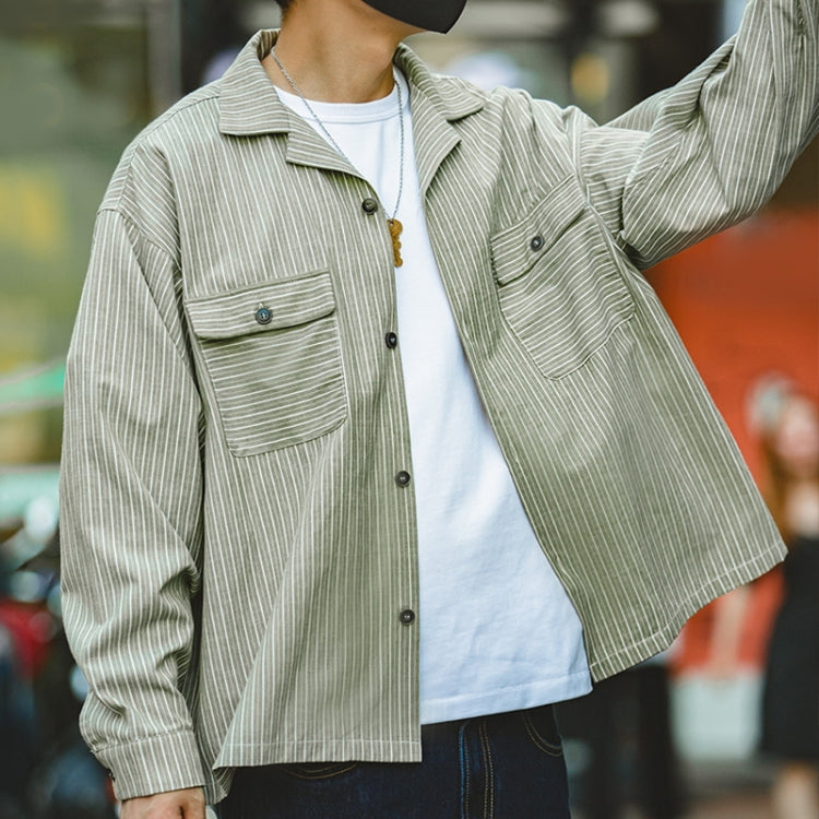 TW2007207 Men Vintage Striped Cuban Collar Shirt Long Sleeve Top, Size: