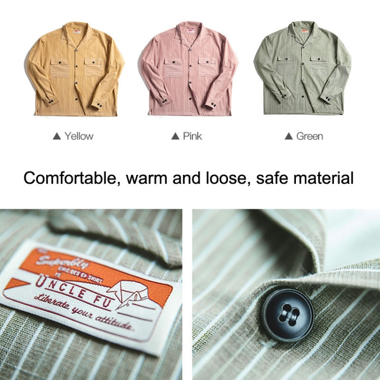 TW2007207 Men Vintage Striped Cuban Collar Shirt Long Sleeve Top, Size: