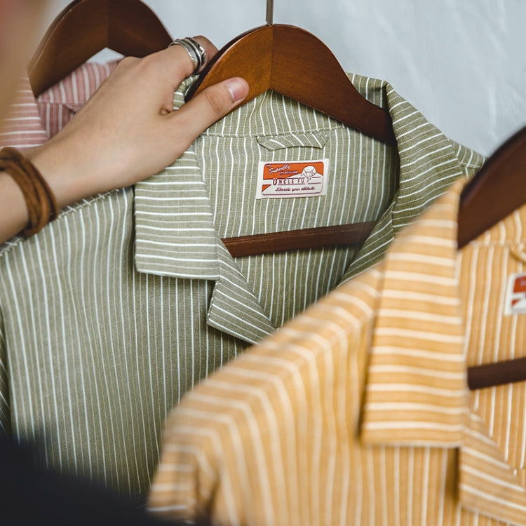TW2007207 Men Vintage Striped Cuban Collar Shirt Long Sleeve Top, Size: