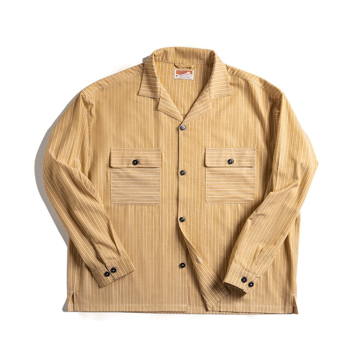 TW2007207 Men Vintage Striped Cuban Collar Shirt Long Sleeve Top, Size: