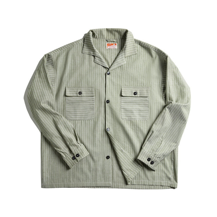 TW2007207 Men Vintage Striped Cuban Collar Shirt Long Sleeve Top, Size: