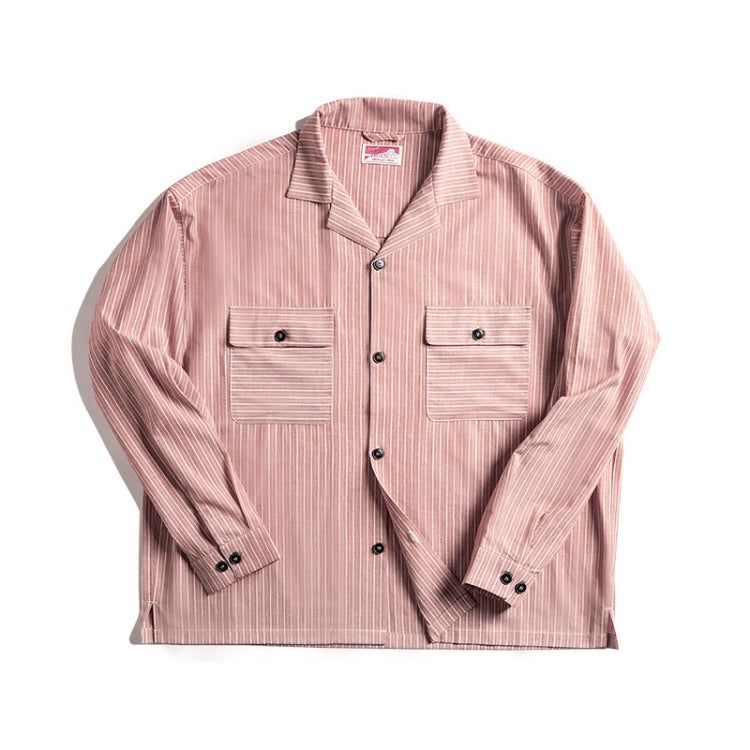 TW2007207 Men Vintage Striped Cuban Collar Shirt Long Sleeve Top, Size: