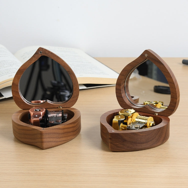 Wooden Heart Shape With Mirror Music Box Ornaments, Color: Walnut-Gold-plated Movement