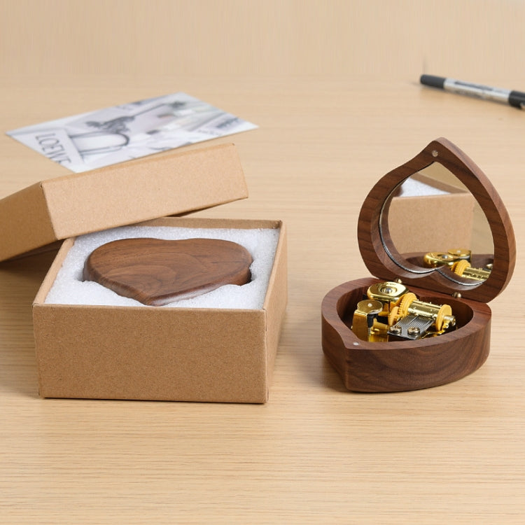 Wooden Heart Shape With Mirror Music Box Ornaments, Color: Walnut-Gold-plated Movement