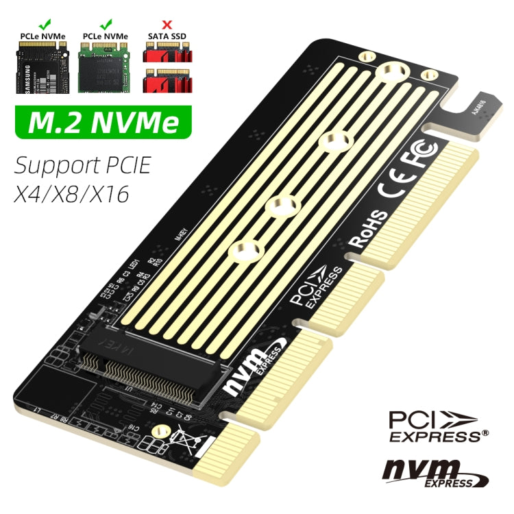 M.2 NVMe SSD to PCIe X16/X8/X4 Card with Aluminum Heat Sink