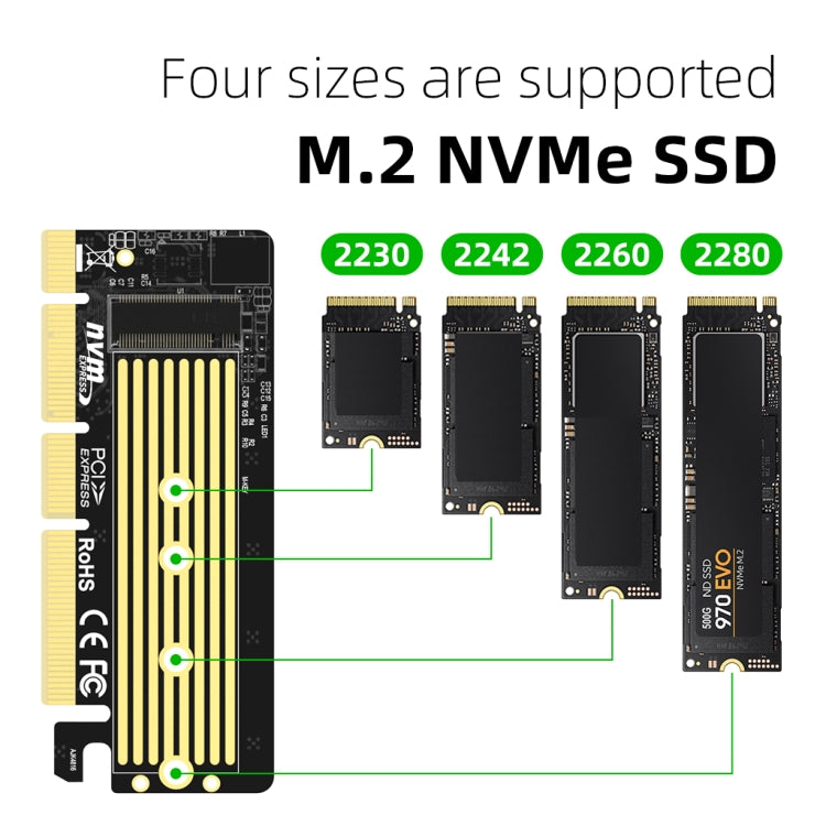 M.2 NVMe SSD to PCIe X16/X8/X4 Card with Aluminum Heat Sink