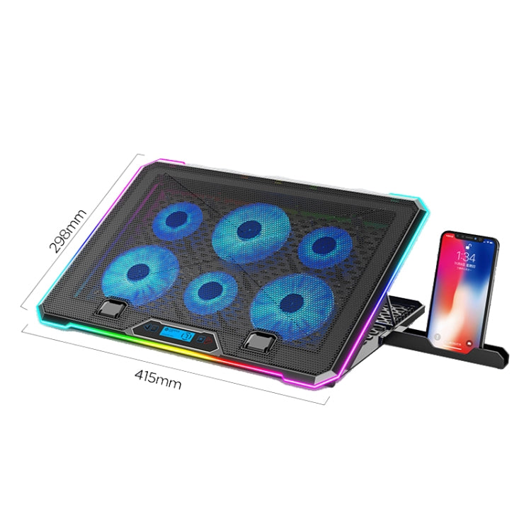 ICE COOREL K15 6-Fans Adjustable LCD Screen Laptop Stand Radiator With RGB Atmosphere Light - Black