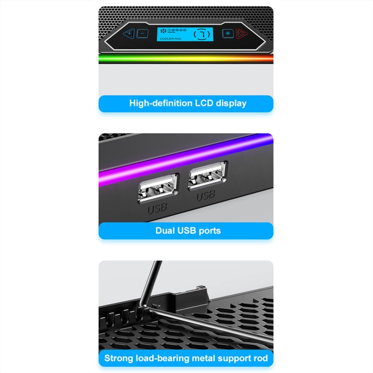 ICE COOREL K15 6-Fans Adjustable LCD Screen Laptop Stand Radiator With RGB Atmosphere Light - Black
