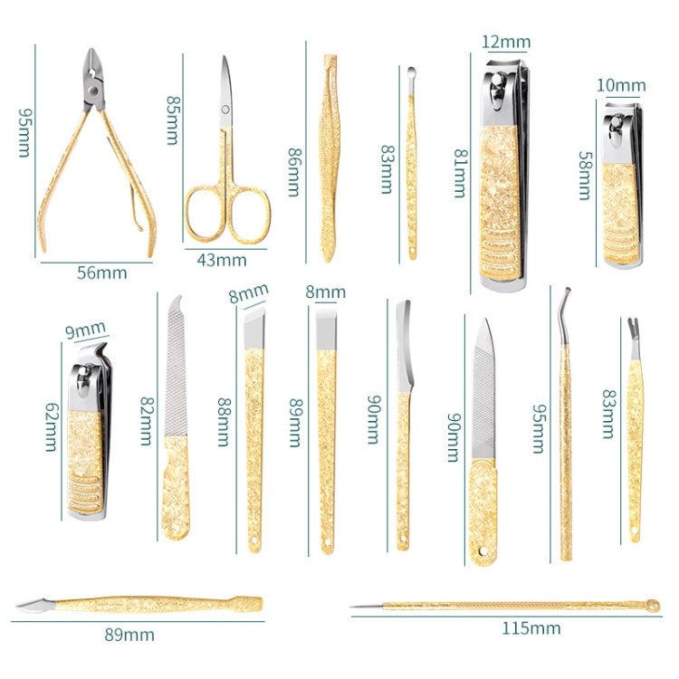 15 PCS/Set Gold Foil Textured Nail Clippers Beauty Tweezers Manicure Kit Tools
