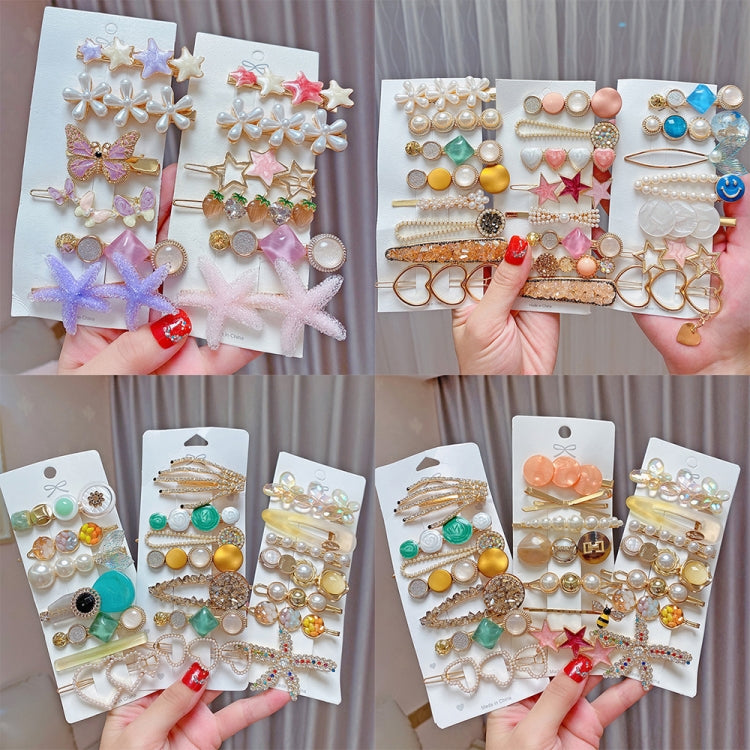 8PCS/Set Yellow Alloy Colorful Hairpin Headgear Pearl Rhinestone Clip Set