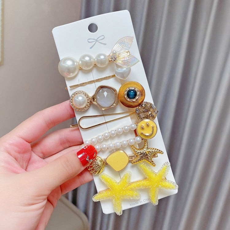 7PCS/Set Yellow Starfish Alloy Colorful Hairpin Headgear Pearl Rhinestone Clip Set