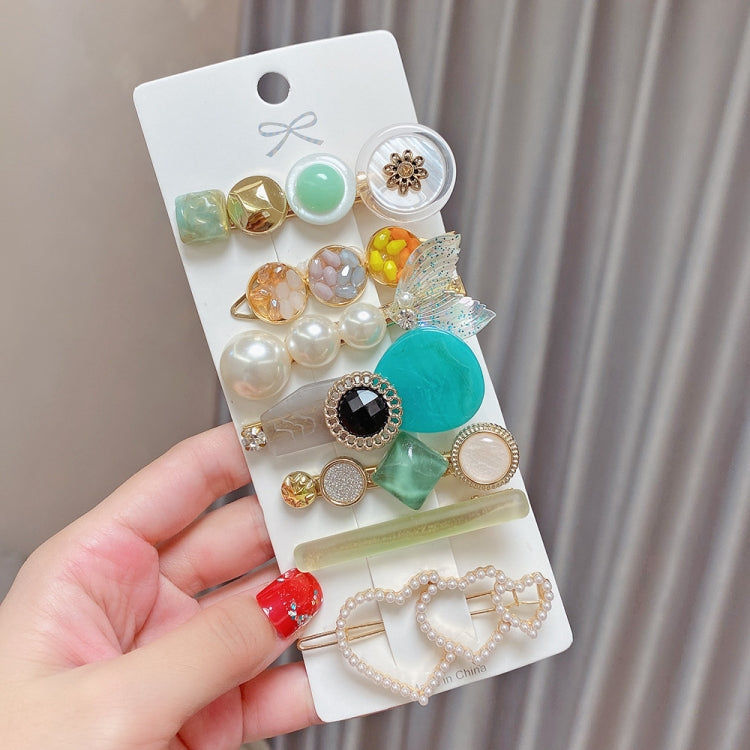 7PCS/Set Green Buttons Alloy Colorful Hairpin Headgear Pearl Rhinestone Clip Set